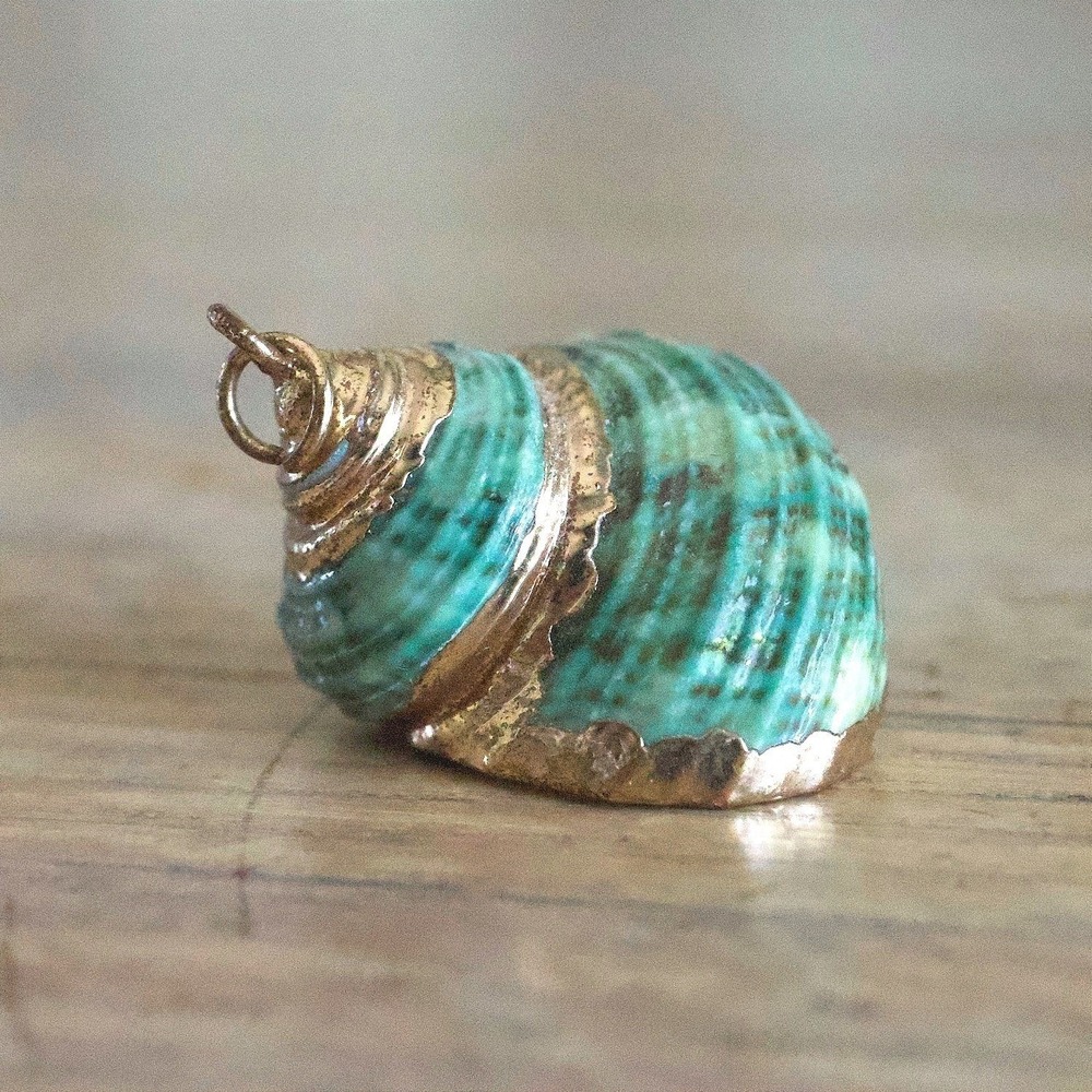 Green Teal Spiral Seashell Pendant Gold Trim Coastal Boho Nautical Charm 1 Inch
